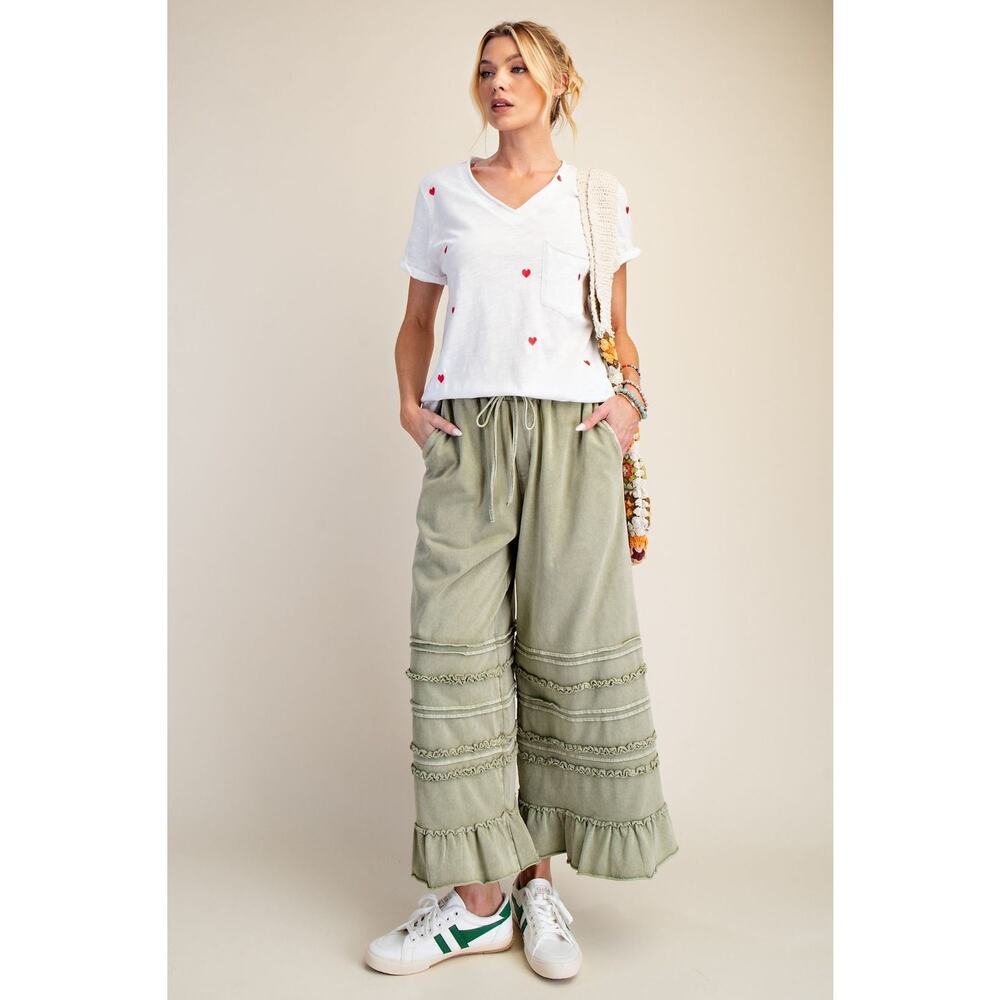 1A6D***EASEL  WASHED TERRY TIERED RUFFLED WIDE LEG PANTS - Picture 4 of 4